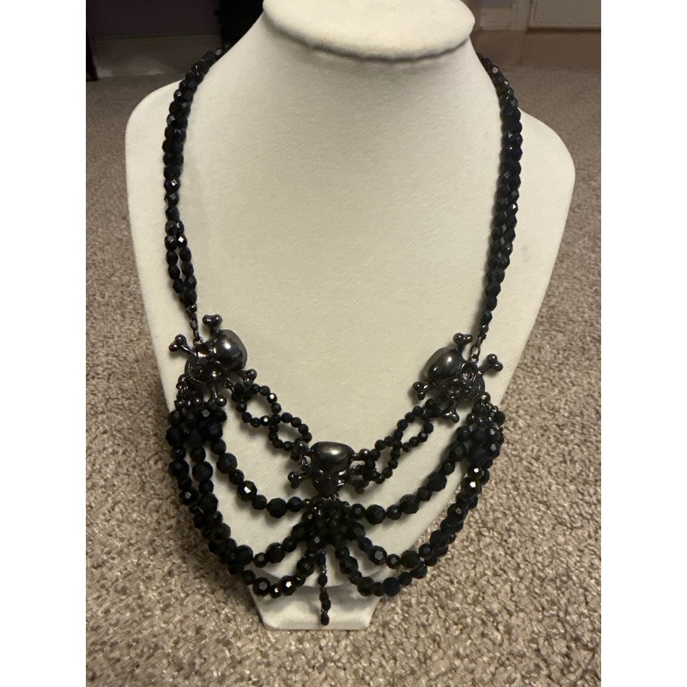 Black Beaded Skull Crossbones Multi Strand Bib Necklace Goth Halloween Jewelry